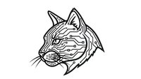 Futuristic cat head with circuit board patterns and electronic elements on white background for tech design projects.