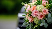 Fresh pink roses and white hydrangea bouquet with eucalyptus leaves against blurred natural background, romantic floral arrangement for wedding or celebration.