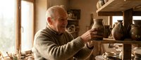 Senior Caucasian male craftsman examining handmade ceramic vase on wooden shelf in rustic pottery studio with warm natural light.