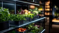 Fresh herbs and produce displayed on illuminated glass shelves in modern grocery store, featuring potted plants, vegetables and fruits arranged in stylish black containers.