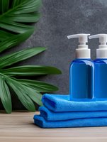 Two blue pump bottles with blue towels and green palm leaves on wooden surface against gray background, suitable for spa, wellness, beauty and personal care product marketing.