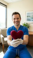 Male healthcare professional in blue scrubs holding red heart shape, representing cardiology, medical care, and compassionate patient treatment in clinical office setting.