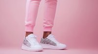 White athletic sneakers with zebra print detail on pink background, paired with pink jogger pants. Minimalist fashion and sport lifestyle concept for social media content.
