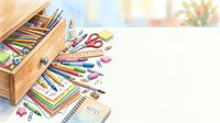 Wooden desk organizer drawer overflowing with colorful pencils, markers, scissors, rulers, and notebooks on white background, isolated for design use.