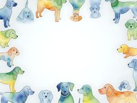 Watercolor dog breeds border frame with copy space for pet care, veterinary services, animal adoption campaigns and canine-themed designs.