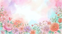 Watercolor floral border with pink, coral, and purple blooms, hearts, and green foliage on white background. Isolated design element for invitations, cards, and decorative projects.