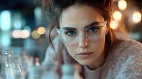 Young Caucasian woman in stylish transparent glasses gazing intensely at camera, soft bokeh lights and glassware in blurred background, warm evening atmosphere.