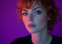 Young woman with red curly hair and striking green eyes in dramatic purple and pink neon lighting, wearing black top, looking away with contemplative expression.