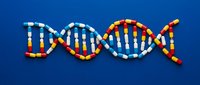 Colorful DNA double helix structure with red, yellow, white segments on blue background for genetics education and biotechnology research presentations.