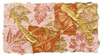 Autumn leaves collage with golden foil accents on textured paper background. Warm fall colors in orange, pink and gold tones for seasonal design projects.