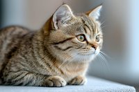 Close up portrait of tabby cat with golden eyes lying down and looking away. Soft natural window lighting creates gentle mood for pet photography.