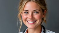 Young blonde Caucasian businesswoman smiling confidently in professional attire against gray background for corporate marketing materials.