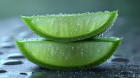 Fresh aloe vera plant slices with water drops on dark surface showing translucent green flesh and natural gel texture in macro photography.