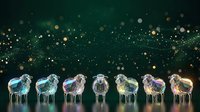 Transparent glass sheep figurines with colorful glowing interiors arranged in a row against dark green background with golden bokeh lights and sparkles, isolated design element for holiday decorations, festive displays, and seasonal marketing materials.