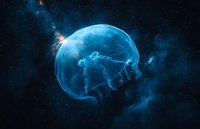 Luminous jellyfish floating in deep blue cosmic space, glowing translucent body with delicate tentacles against starry nebula background.
