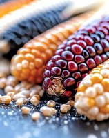 Colorful dried corn varieties including deep purple and golden yellow kernels with scattered loose grains on dark textured surface, macro food photography.