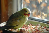 Green parakeet with red beak eating from bowl filled with mixed seeds and grains, soft natural window lighting creates warm atmosphere for pet photography.