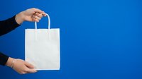 Person holding white paper shopping bag with handles against blue background for retail and commerce concepts.