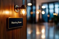 Meeting room entrance with illuminated vintage wall sconce and black nameplate sign against wooden door, blurred office corridor with bokeh lights in background.