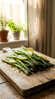 Fresh asparagus spears with lemon slices and parmesan cheese on rustic wooden cutting board in bright kitchen setting for healthy cooking and meal prep.