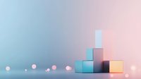 Minimalist geometric composition with pastel colored cubes arranged in ascending order against soft blue and pink gradient background with bokeh light effects.