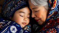 Tender moment between Asian grandmother and sleeping grandchild wrapped in colorful traditional patterned blankets, expressing family love and generational bonding.