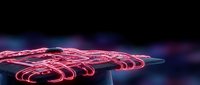 Glowing red neon circuit patterns form an abstract hand shape against dark background with blue bokeh lights, representing technology, artificial intelligence, and digital innovation.