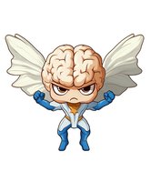 Cartoon superhero character with brain head wearing blue and white costume with wings, standing in powerful pose on white isolated background. Great for education designs.