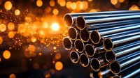 Stack of metallic steel pipes or tubes with bright orange bokeh lights and sparks in background creating industrial atmosphere for construction business.