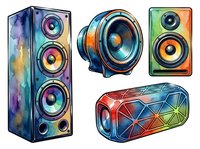 Colorful watercolor speaker system with multiple drivers and vibrant gradient finishes, featuring tall tower and cylindrical designs for music production, audio equipment visualization, and sound system concepts.