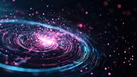 Glowing spiral galaxy with pink and blue light particles swirling in dark space, cosmic energy vortex with bright center and scattered stardust.
