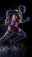 Silhouette of running athlete filled with colorful fruits and water drops against black background, creative health and fitness concept with dynamic motion effect.
