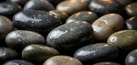 Smooth wet river stones with water droplets in natural earth tones creating zen spa atmosphere for meditation and relaxation backgrounds.