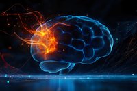 Glowing blue brain with orange energy burst showing neural activity and consciousness on dark background with light reflections. Medical science visualization.
