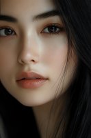 Close-up portrait of young Asian woman with flawless skin, coral lipstick, and dark flowing hair against black background. Soft lighting enhances natural beauty.
