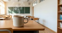 Coffee mug on wooden desk in empty classroom with chalkboard and student chairs, education concept for teachers and academic learning environment.
