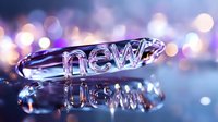 Glowing word "new" reflected on glass surface with purple and pink bokeh lights creating magical atmosphere for marketing and advertising concepts.