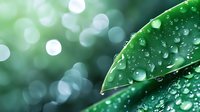 Fresh green leaf with morning dew drops against blurred natural bokeh background, macro nature photography showing pure water droplets on plant surface.