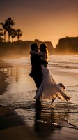 Romantic couple embracing on beach at golden hour sunset with palm trees and ocean waves creating dreamy wedding or engagement atmosphere for love concepts.