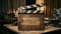 Vintage film clapperboard with worn wooden texture on production set with vintage cameras and equipment in background for filmmaking and cinema projects.