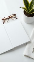 Minimalist workspace with open notebook, tortoiseshell eyeglasses and snake plant in white pot on clean desk for productivity and organization.