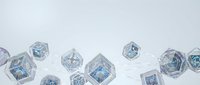 Transparent glass cubes with blue geometric patterns floating on white background, modern abstract design elements for digital art and creative projects.