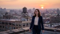 Professional businesswoman in suit standing on urban rooftop at sunset with city skyline background for corporate and career success concepts.