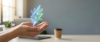 Hands holding glowing holographic leaves symbolizing eco-friendly technology, sustainability and green innovation in modern office environment.