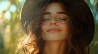 Young Hispanic woman wearing round glasses and black hat smiling with eyes closed in warm sunset light, curly hair flowing in gentle breeze, expressing serenity and joy.