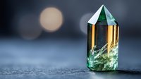 Mystical emerald crystal point with golden metallic accents on dark background with bokeh lights, healing stone mineral specimen for spiritual practices.