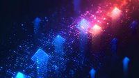 Glowing blue and red digital arrows rising on dark background with particles, representing financial growth and market trends in technology sector.