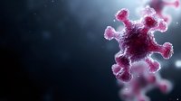 Microscopic view of virus cell structure in pink and red tones against dark background with selective focus and bokeh effect showing detailed surface proteins.