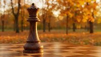 Wooden chess queen piece on board with warm autumn park background. Strategic thinking and leadership concept for business presentations and educational materials.
