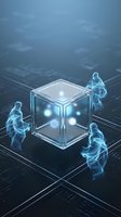 Futuristic transparent cube with glowing lights surrounded by blue holographic human figures on digital circuit board background for technology concepts.